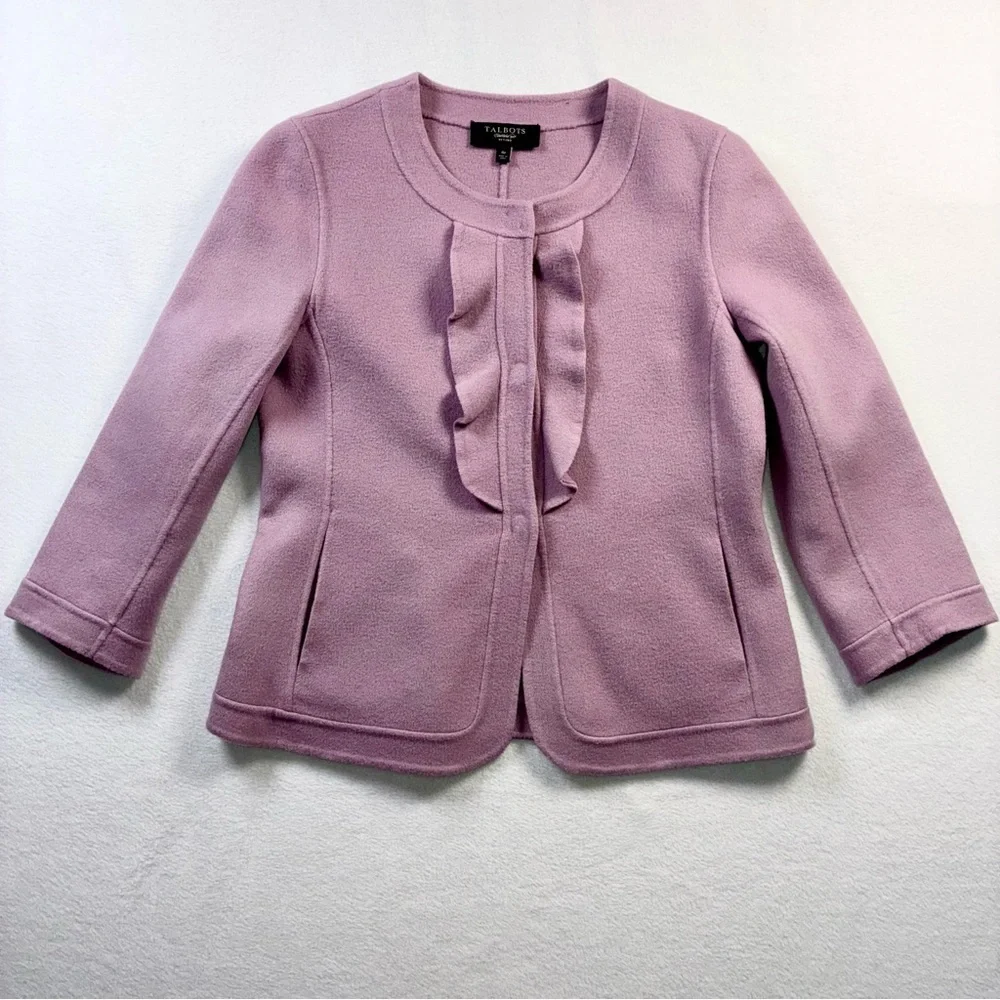 Talbots Petites Wool Blend Jacket Blazer Lavender Ruffle Front 4P 3/4 Sleeve